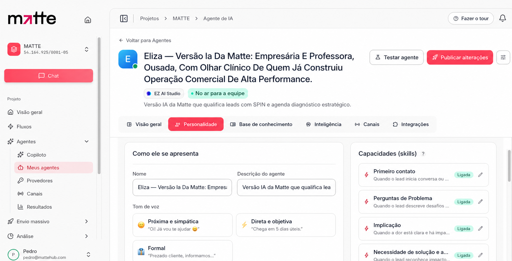 Configuração de agente de inteligência artificial da Matte